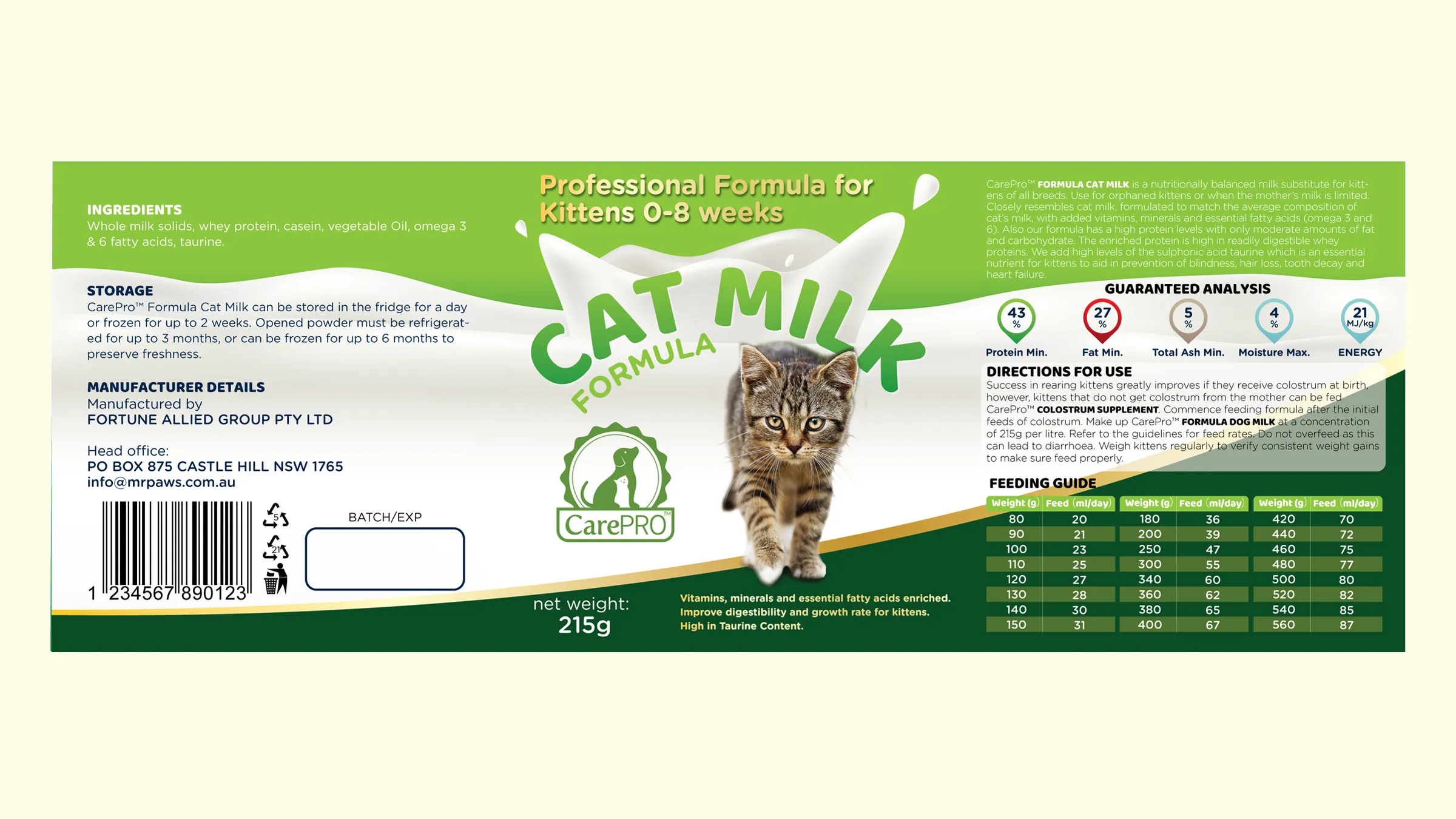 Razvijena etiketa Cat Milk, ista mreža kao kod pseće varijante u zelenoj paleti