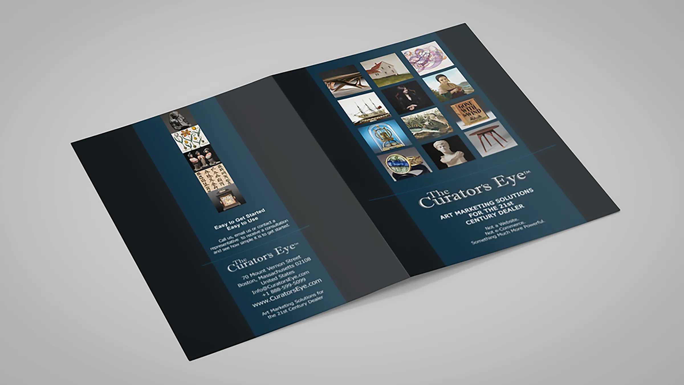 Outer side of the brochure: the cover with its grid of art and antiques, and the back panel with the Boston address and contact details