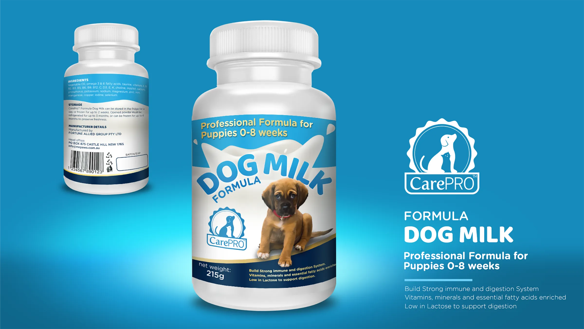 Dog Milk Formula, teglica u plavoj boji, lice i poleđina, uz tvrdnje o proizvodu