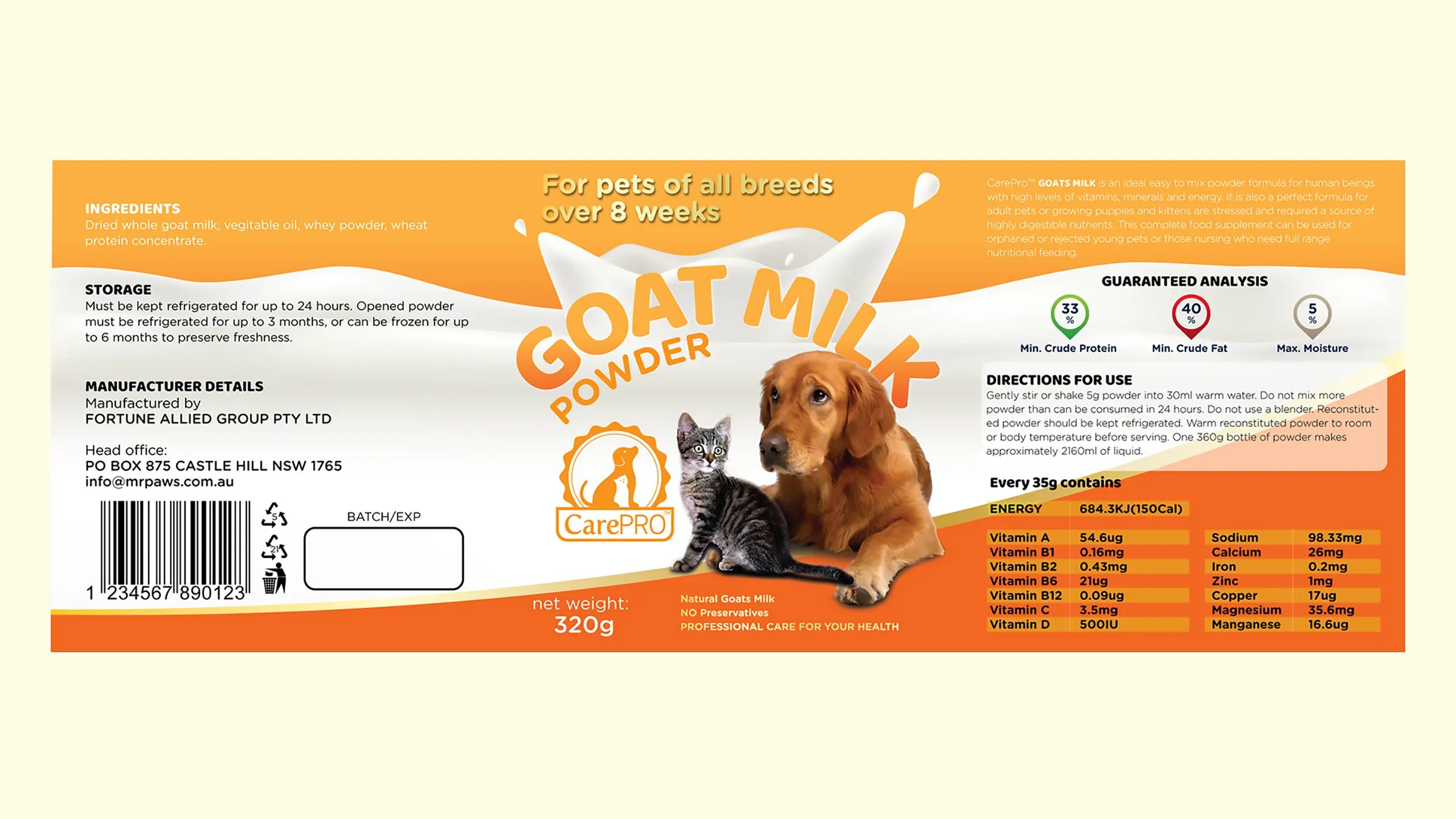 Razvijena etiketa Goat Milk, verzija od 320 g u istom rasporedu