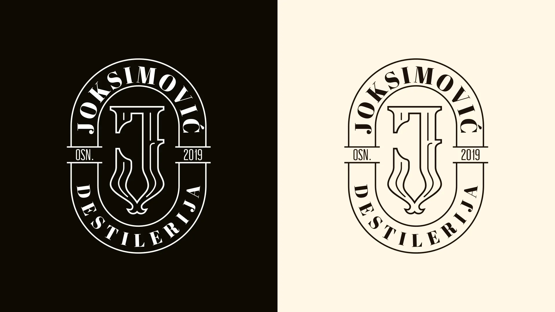 Jednobojna verzija bedž logotipa, belo na crnom i crno na krem podlozi
