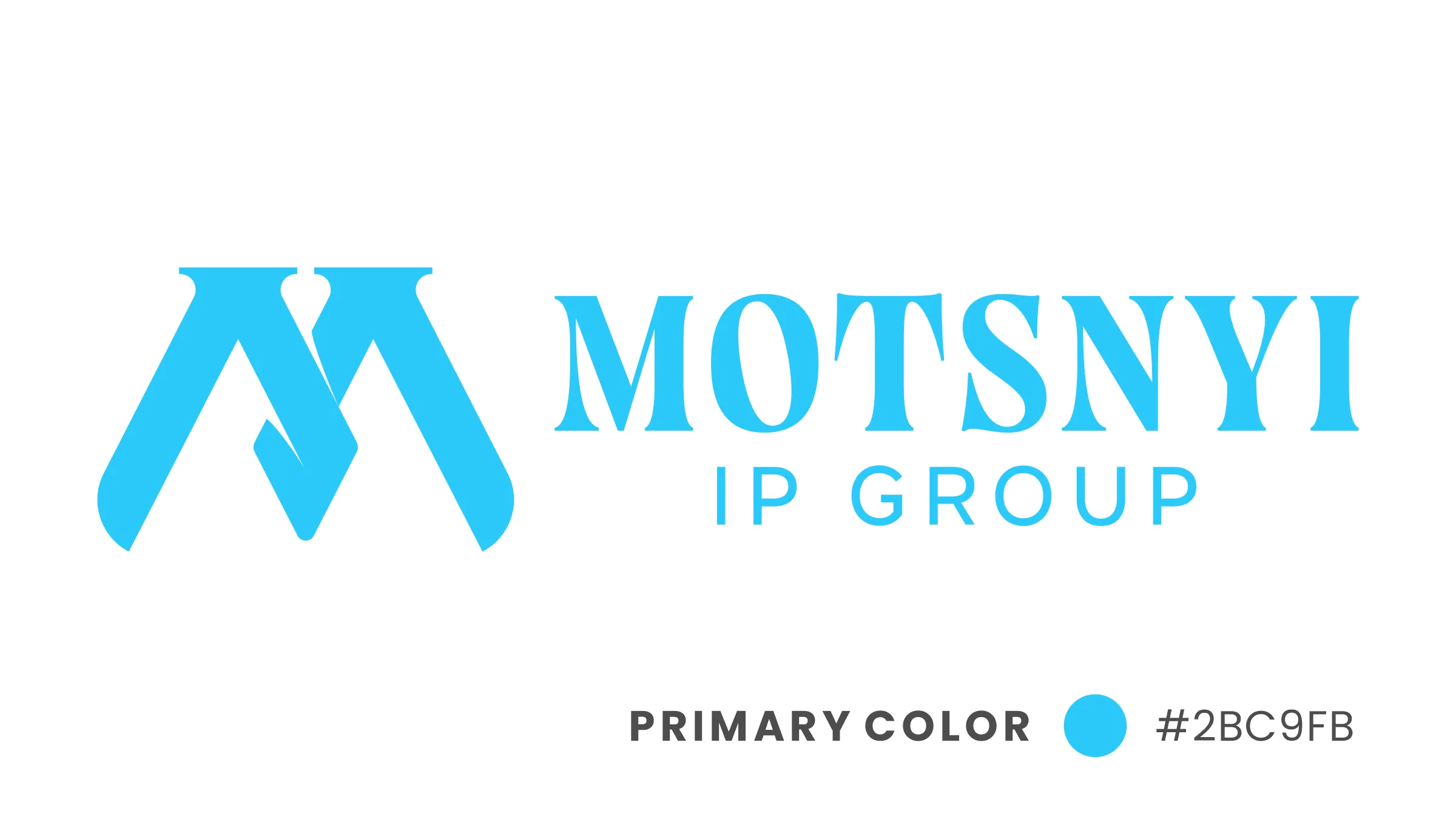 Primarni logotip Motsnyi IP Group, brendmark M pored logotipa u korporativnoj plavoj
