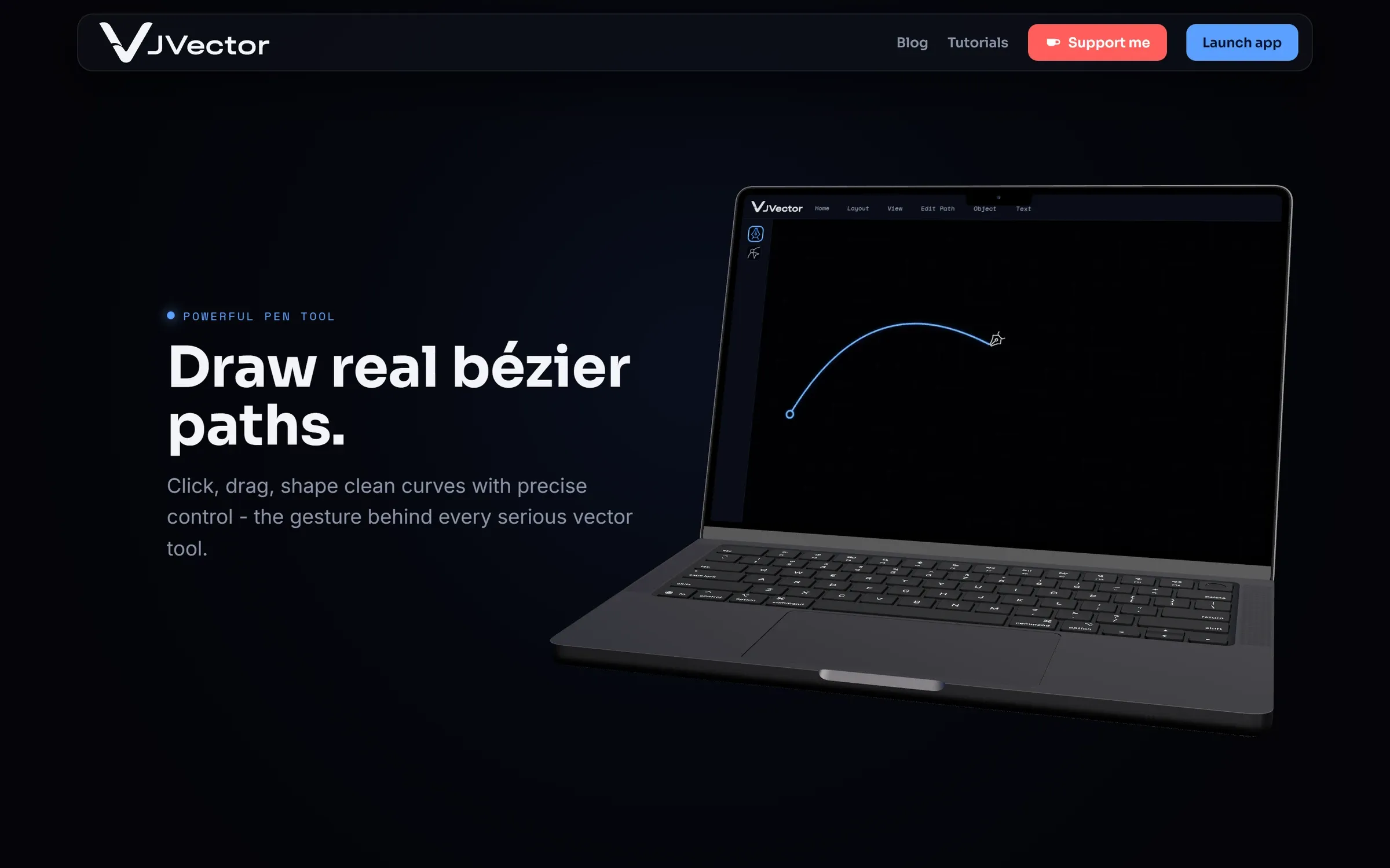 3D laptop otvoren na JVector editoru dok crta bezijerovu krivu, pored naslova Draw real bézier paths