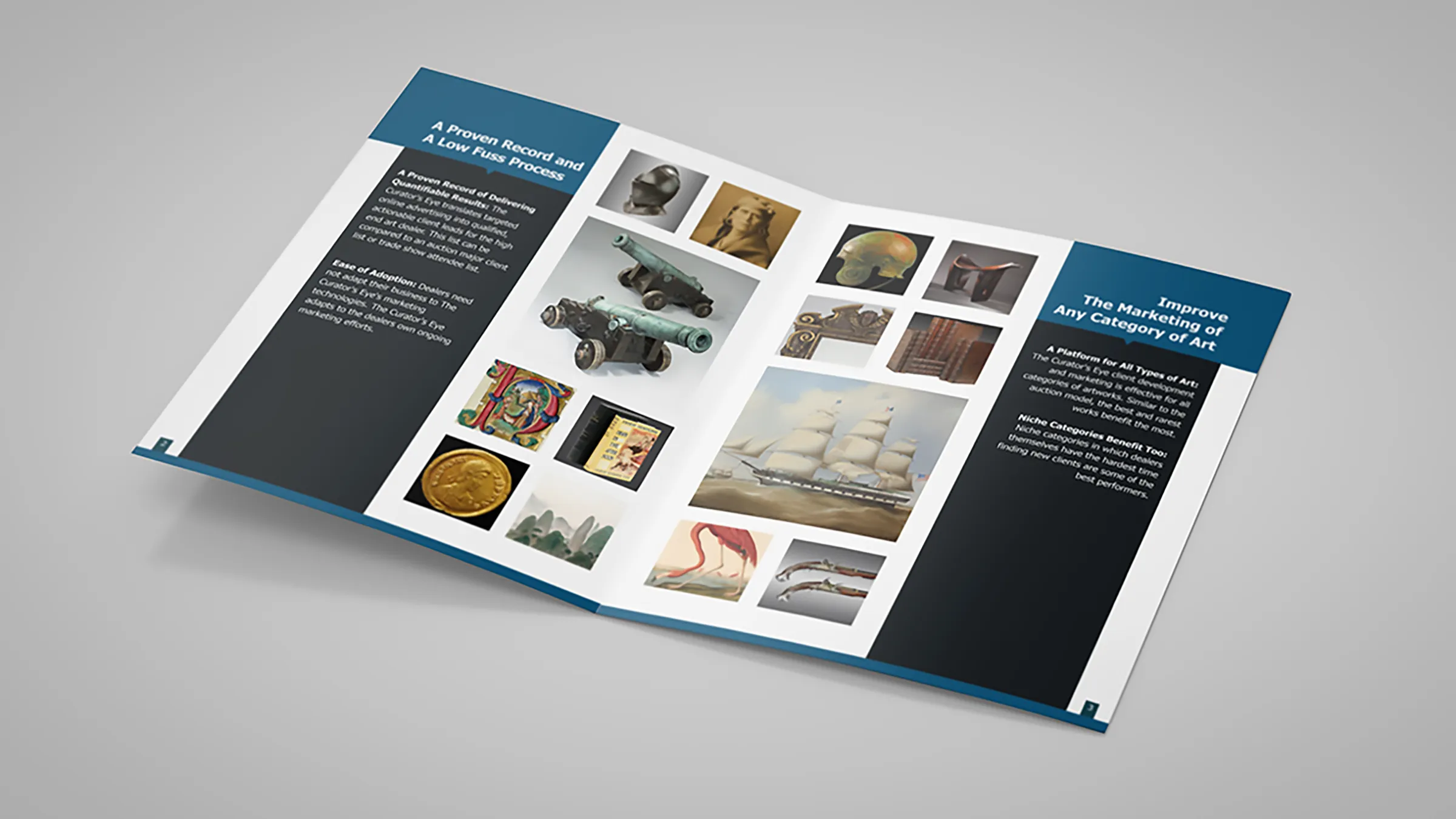 Spread on categories of art, running text in the dark panels and a grid of objects on the white page between them