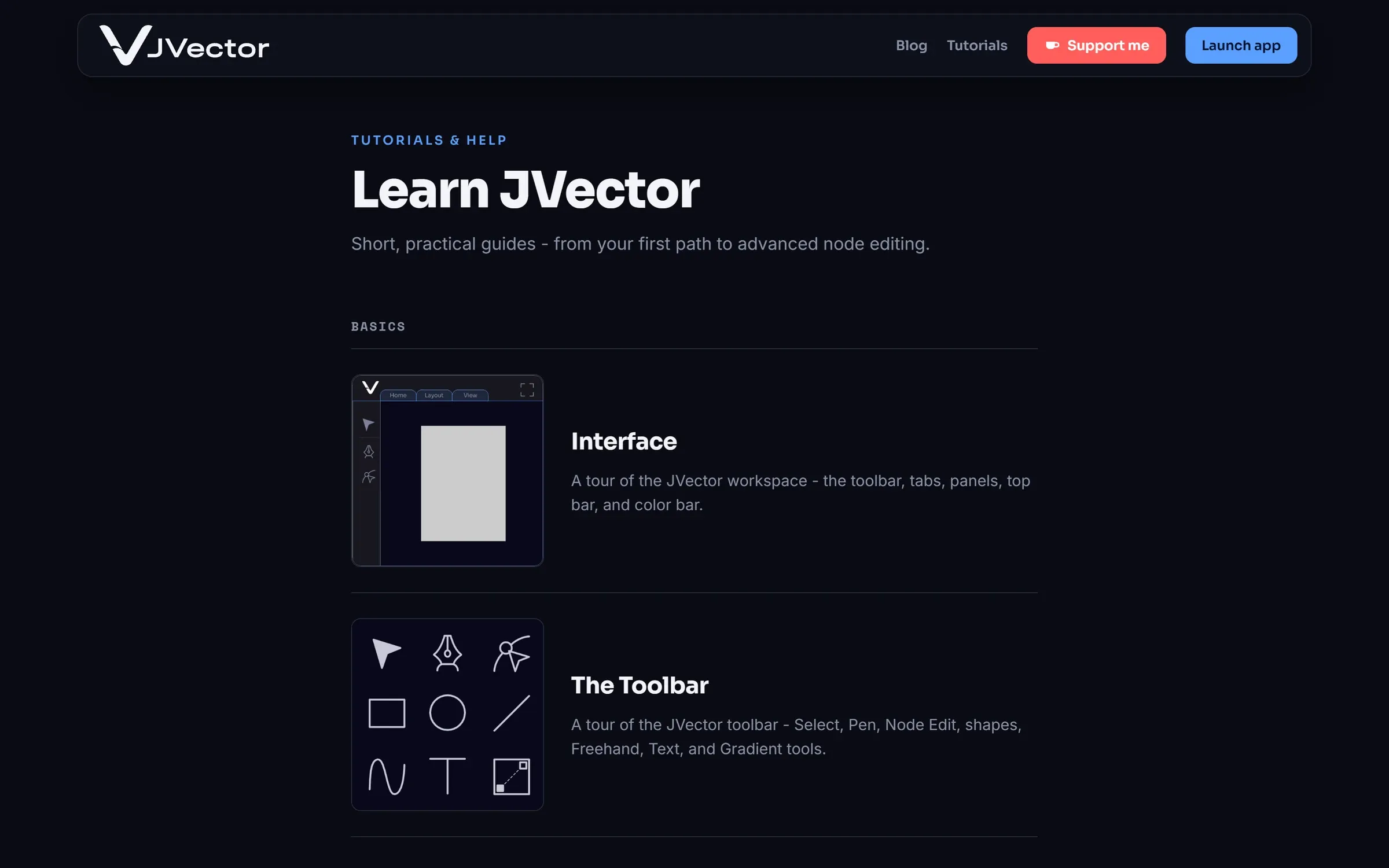 Stranica sa tutorijalima Learn JVector, sa ilustrovanim uputstvima za interfejs i paletu alata